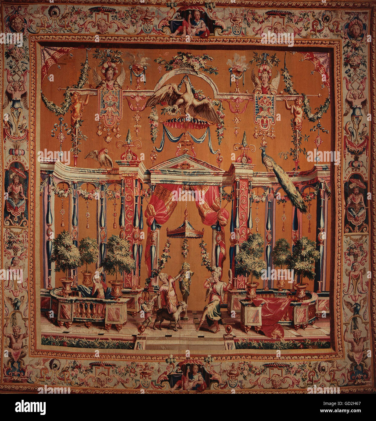 fine arts, tapestry, dancers in phantastic architecture, from the grotesques series, by Philippe Behagle, after design by Jean Berain, Beauvais manufactory, circa 1700, silk, wool, knitted, 326,5 x 317 cm, Baden State Museum, Bruchsal castle, Artist's Copyright has not to be cleared Stock Photo