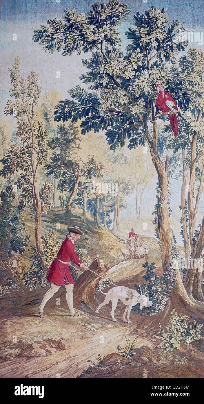 fine arts, tapestry, nobleman with gun dog on forest track, Beauvais manufactory, 1727, residence museum, Munich, Germany, Artist's Copyright has not to be cleared Stock Photo
