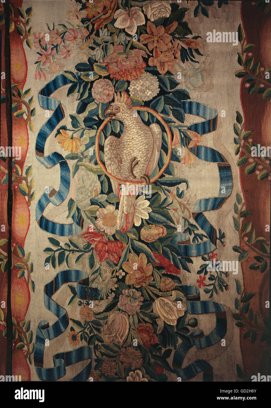 fine arts, tapestry, veston wallpaper, detail, cockatoo in hoop, silk, wool, knitted, Strasbourg, early 18th century, Baden State Museum, Bruchsal castle, Artist's Copyright has not to be cleared Stock Photo
