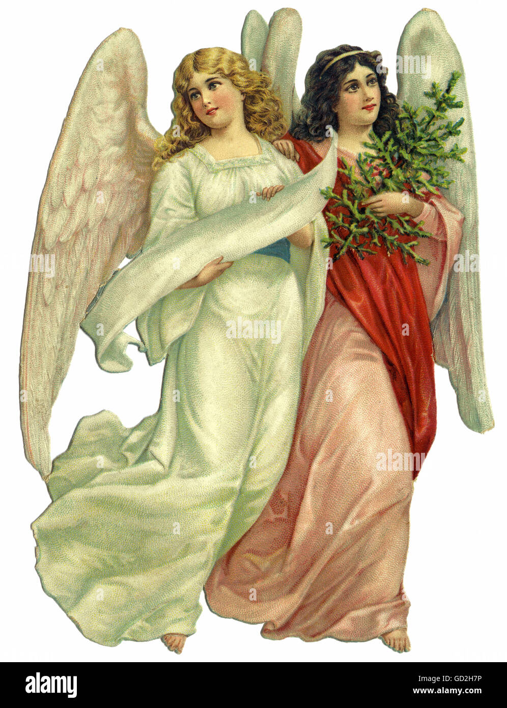 religion, Christianity, angel, two Christmas angels with a small Christmas tree, lithograph, Germany, circa 1895, Additional-Rights-Clearences-Not Available Stock Photo