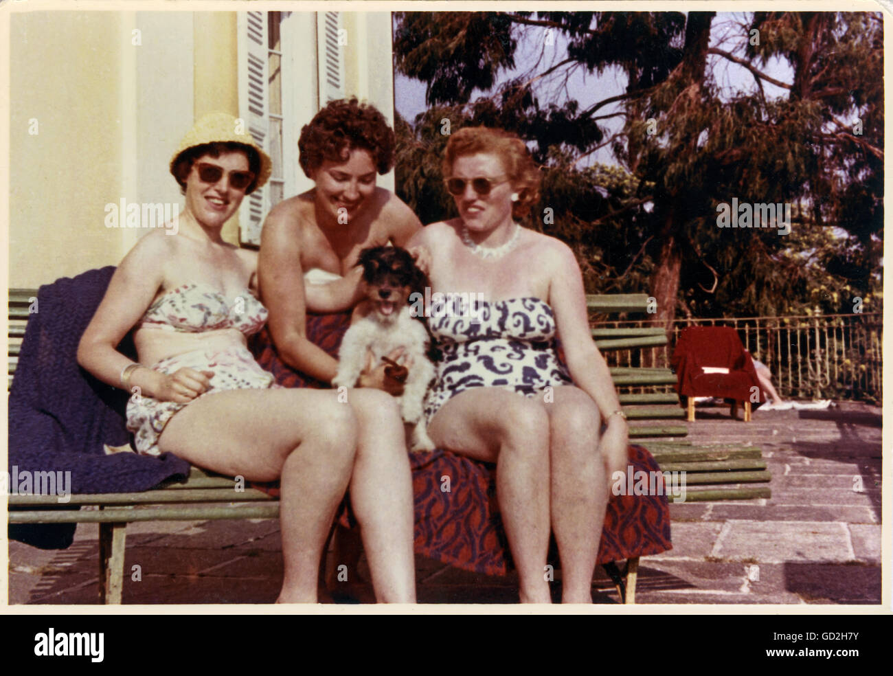 people, women, three women on the terrace, German holidaymakers, old print on Agfa photo paper, Germany, circa 1957, Additional-Rights-Clearences-Not Available Stock Photo