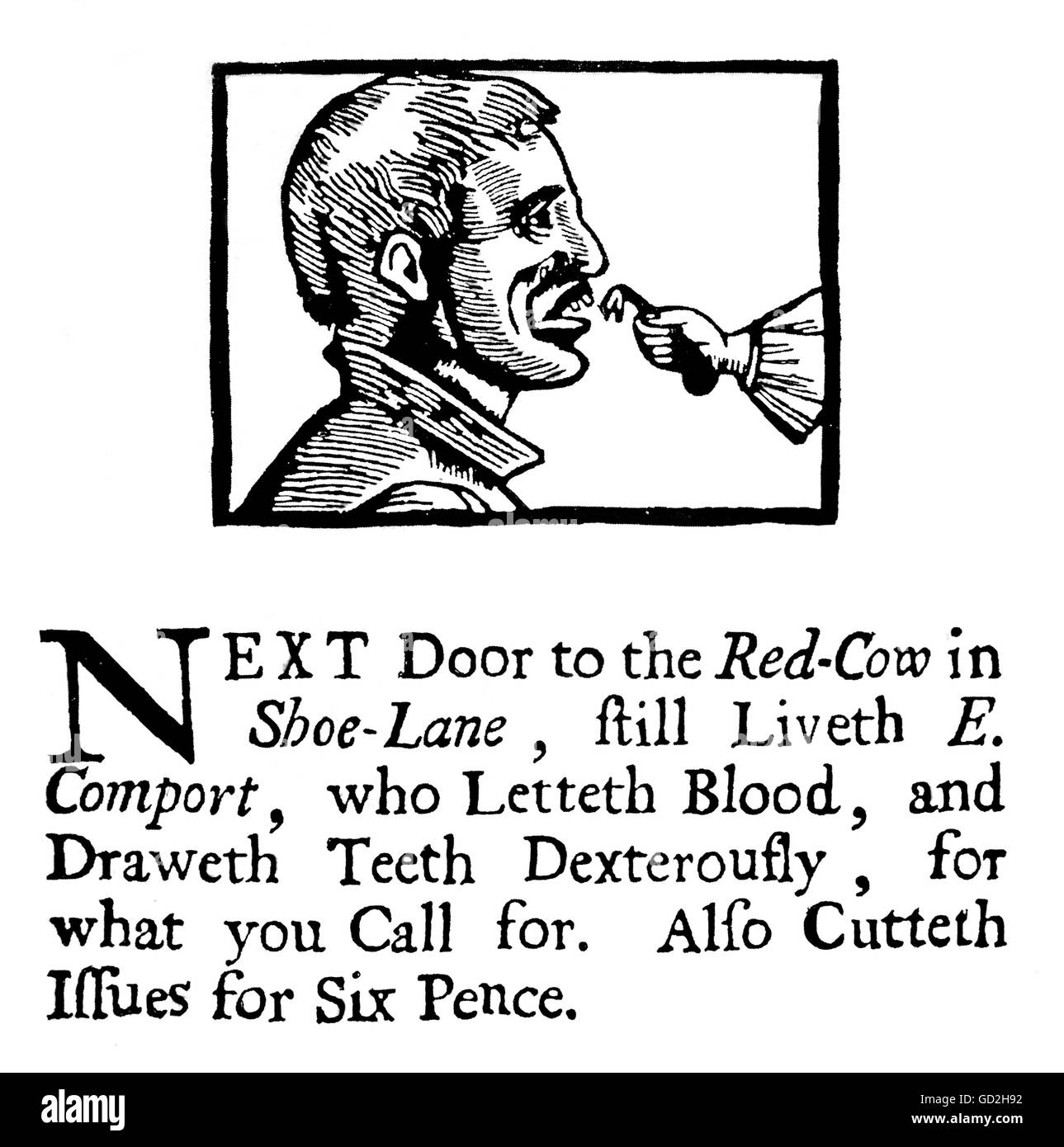 medicine, dentistry, promotional leaflet of the barber surgeon and tooth breaker E.Comport, print with woodcut, London, 17th century, private collection, 17th century, graphic, graphics, occupation, occupations, advertising, barber surgeon, dentist, dental surgeon, dentists, treatment, treatments, tooth, teeth, pull, pulling, medicine, medicines, promotional leaflet, advertising handout, print, printings, woodcut, woodcuts, historic, historical, man, men, male, people, Additional-Rights-Clearences-Not Available Stock Photo