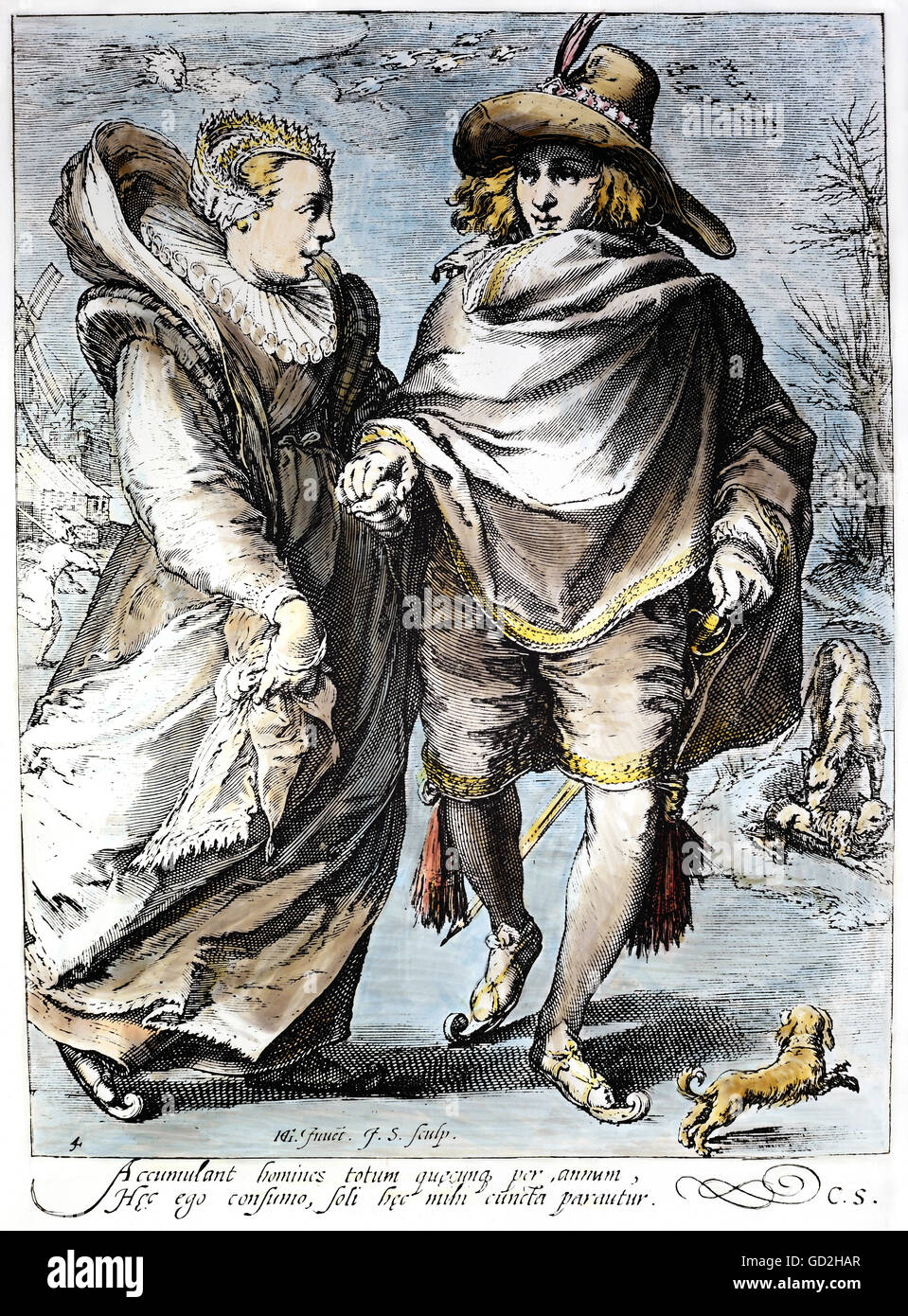 seasons, winter, elegant couple ice-skating, coloured engraving by Henrik Goltzins (1558 - 1617), Haarlem, circa 1600, Additional-Rights-Clearences-Not Available Stock Photo