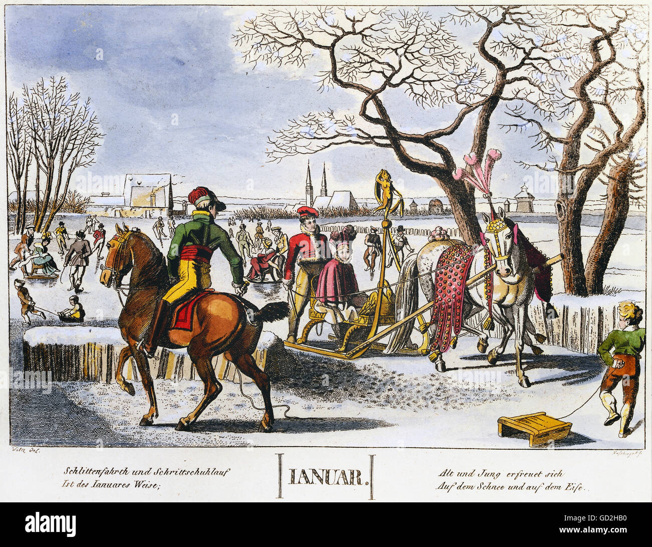 seasons, winter, 'Januar' (January), month in picture, coloured engraving, 14, 5 x 21 cm, Friedrich Campe publishing house, Nuremberg, 1815 / 1820, private collection, Additional-Rights-Clearences-Not Available Stock Photo