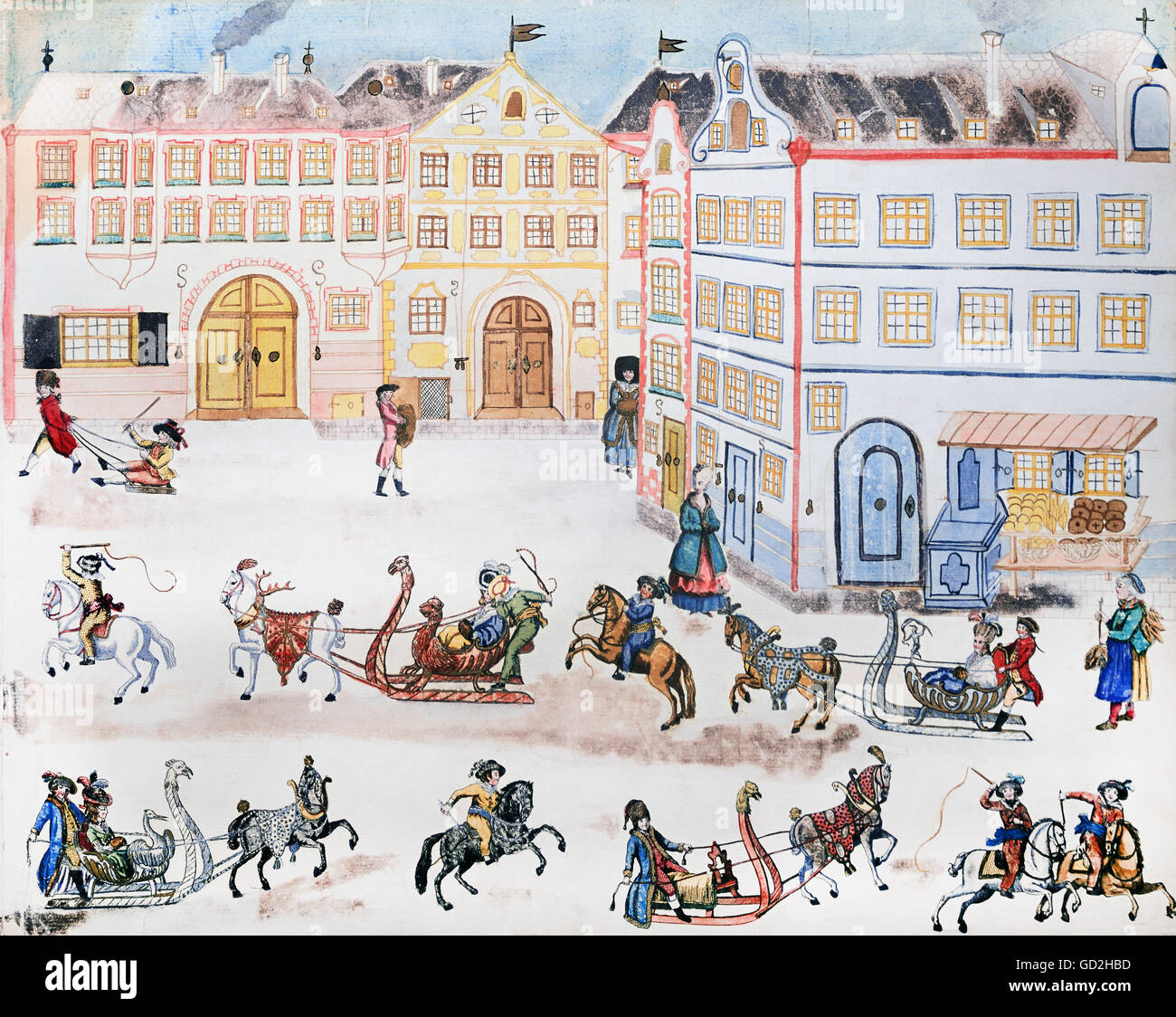 seasons, winter, 'Schlitten-Korso' (Sleigh Parade), collage of coloured engravings, watercolour, 30 x 38 cm, Nuremberg, late 18th century, Bavarian National Museum, Munich, Additional-Rights-Clearences-Not Available Stock Photo