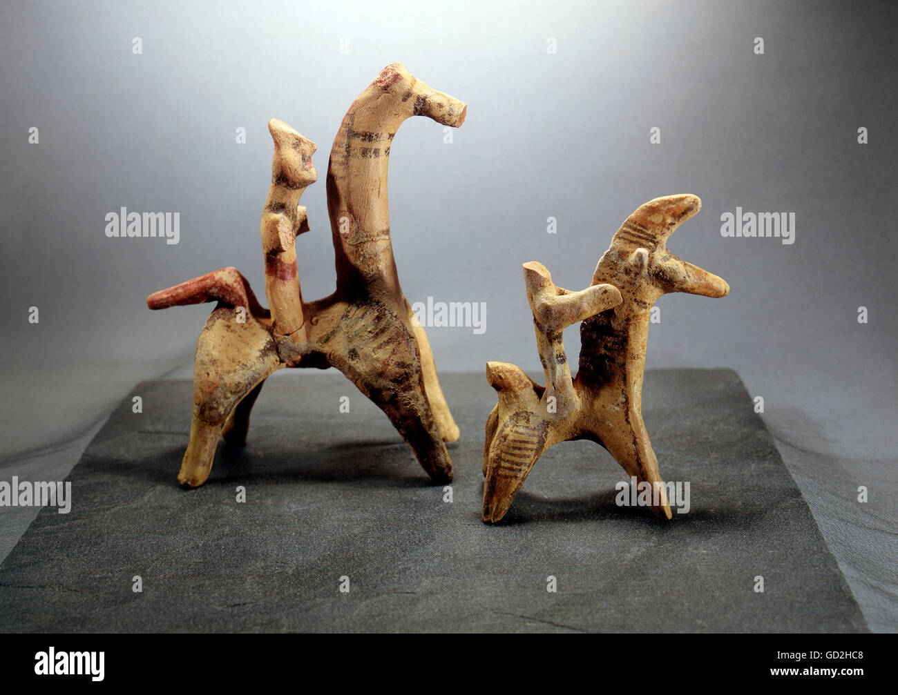 fine arts, ancient world, Phoenicia, sculpture, horses with riders, circa 1000 BC, clay, blazed, painted, State Archaeological Collection, Munich, Artist's Copyright has not to be cleared Stock Photo