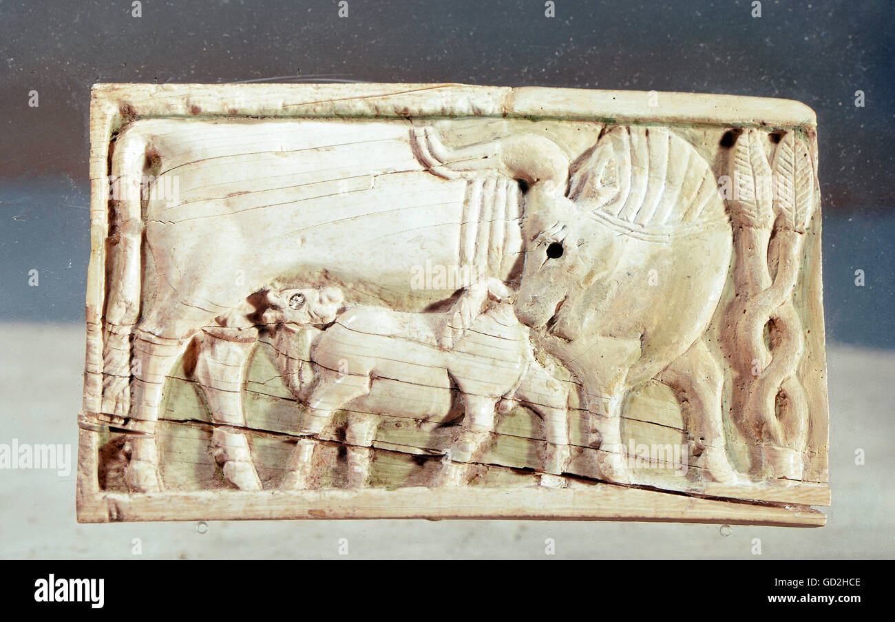 fine arts, ancient world, Phoenicia, relief, cow suckling her calf