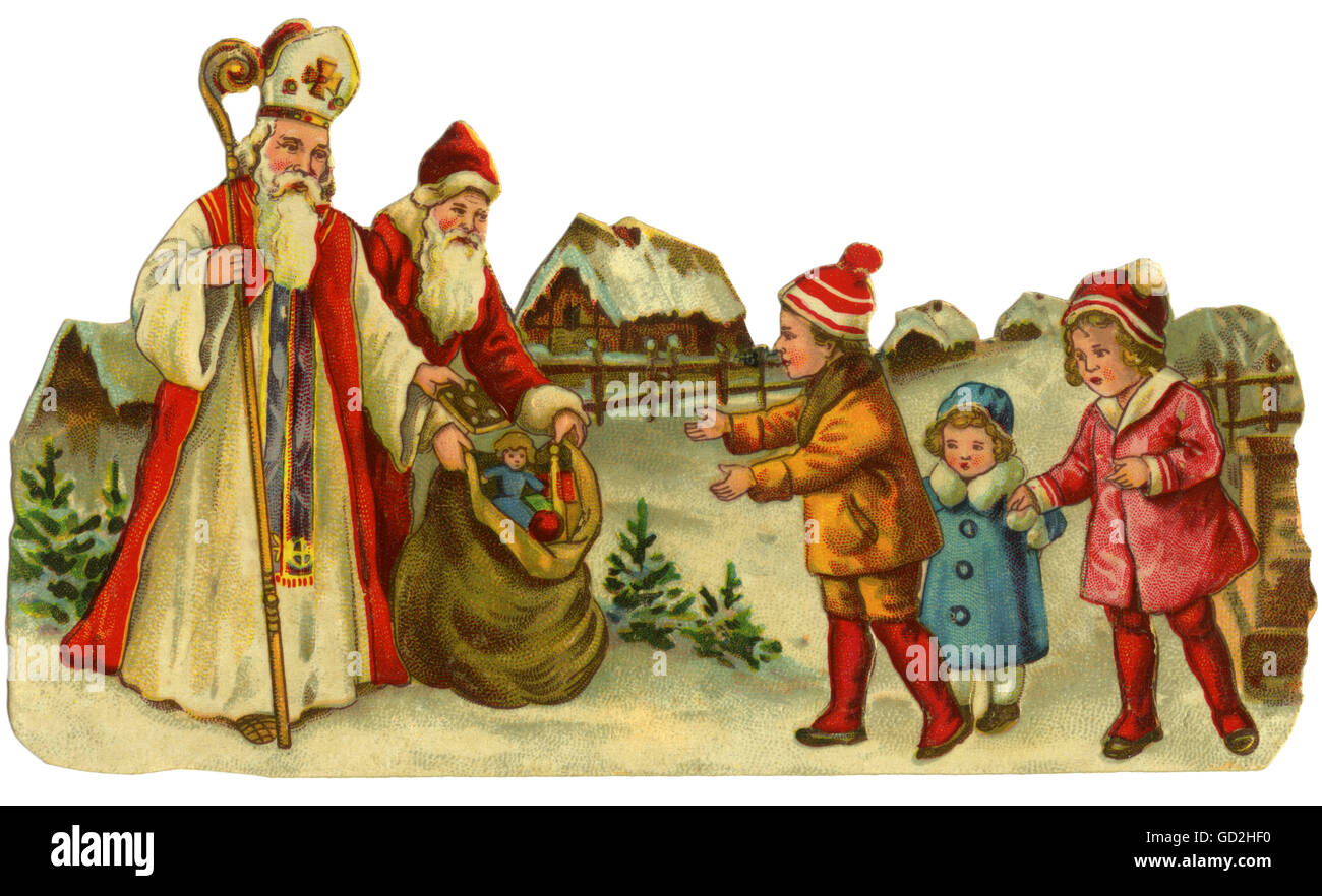 Christmas, Saint Nicholas and Father Christmas bringing presents for the children, extreme extraordinary illustration with both, scrap-picture, Germany, circa 1910, Additional-Rights-Clearences-Not Available Stock Photo