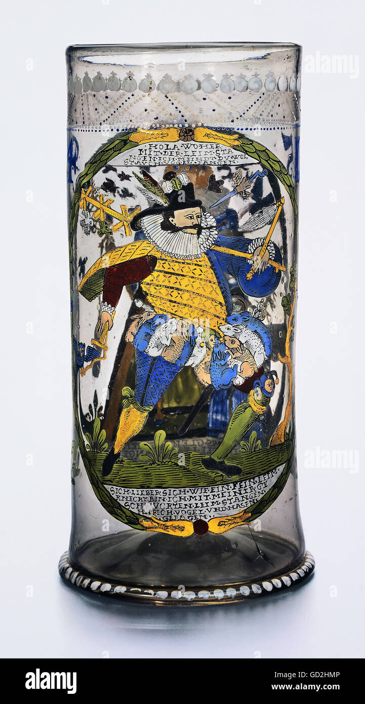 fine arts, glass painting, tankard with picture of a bird catcher, enamel, south german, 16th /17th century, Artist's Copyright has not to be cleared Stock Photo