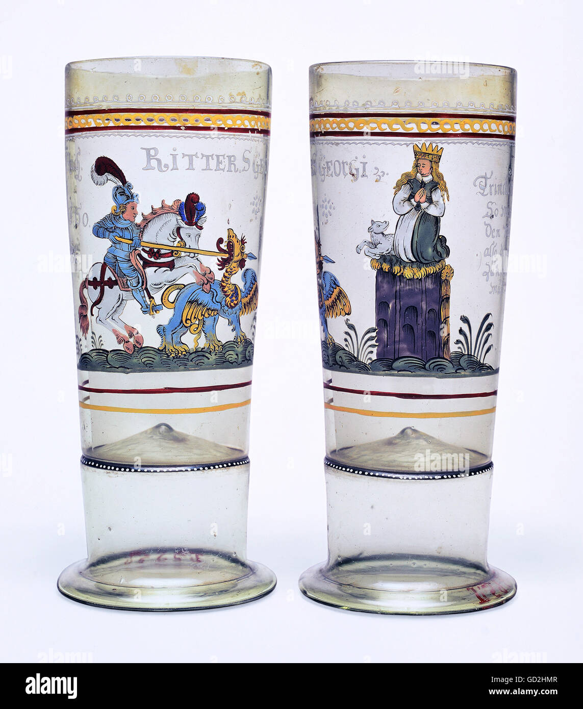 fine arts, glass painting, cylindrical beaker, Saint George rescueing the virgin, middle German, Artist's Copyright has not to be cleared Stock Photo