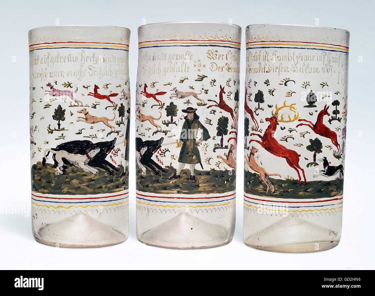 fine arts, glass painting, three sided view of a great hunting tankard, Franconia, 1642, Artist's Copyright has not to be cleared Stock Photo