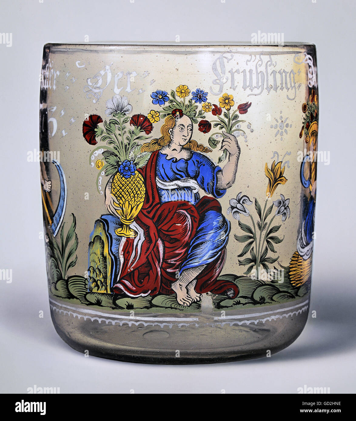 fine arts, glass painting, seasons goblet, spring, young woman with wreath and vase, 1675, Artist's Copyright has not to be cleared Stock Photo