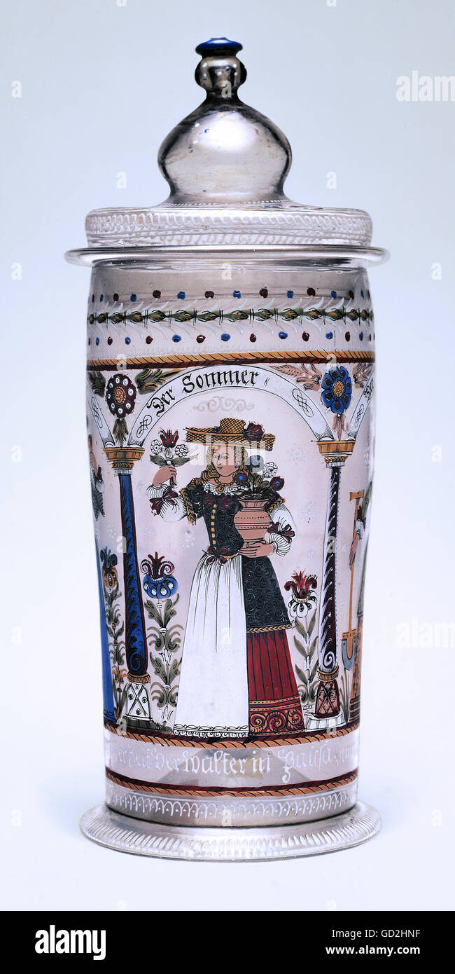 fine arts, glass painting, lid tankard, seasons, summer, Saxony, 1691, inscription on the base tells the owner: Paul Walter from Sopron in Hungary, Artist's Copyright has not to be cleared Stock Photo