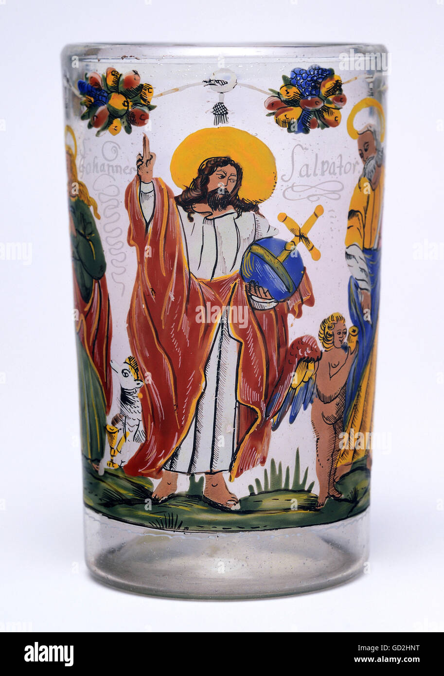 fine arts, glass painting, evangelist goblet, Jesus Christ as Saviour, Germany, late 17th century, Artist's Copyright has not to be cleared Stock Photo
