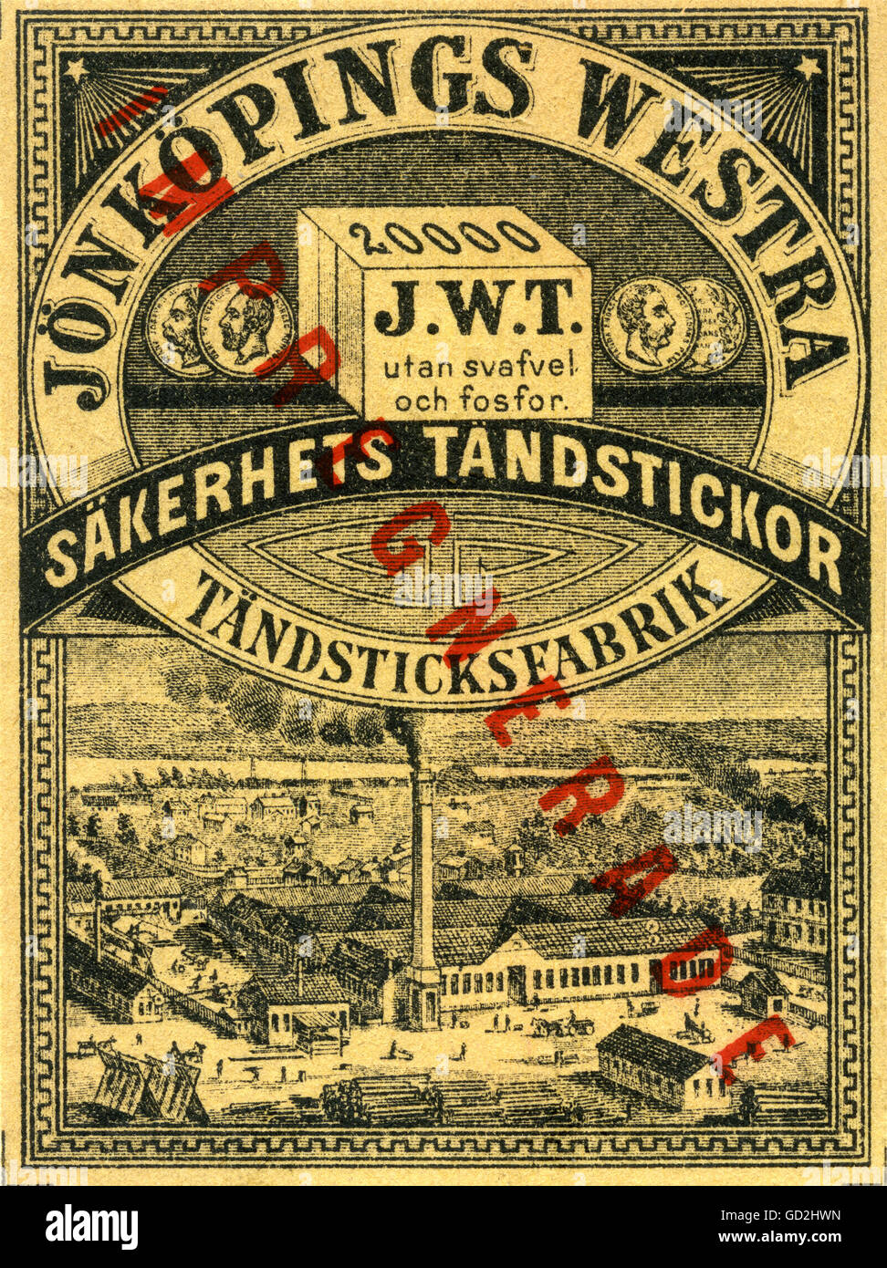 industry,Joenkoepings Westra Tandsticks Company,J.W.T.,match factory,established: 1881,image at the label of a matchbox,red overprint: impregnate,inscription: without sulphur and phosphorus,Joenkoeping,Sweden,circa 1895,invention,inventions,decorative,matchbox label,safety matches,match,matchstick,matches,matchsticks,companies,company,economy,Swedish,illustration,litho,lithograph,19th century,industry,industries,figure,figures,label,labels,matchbox,match-box,matchboxes,impregnate,impregnating,sulphur,sulfur,historic,his,Additional-Rights-Clearences-Not Available Stock Photo