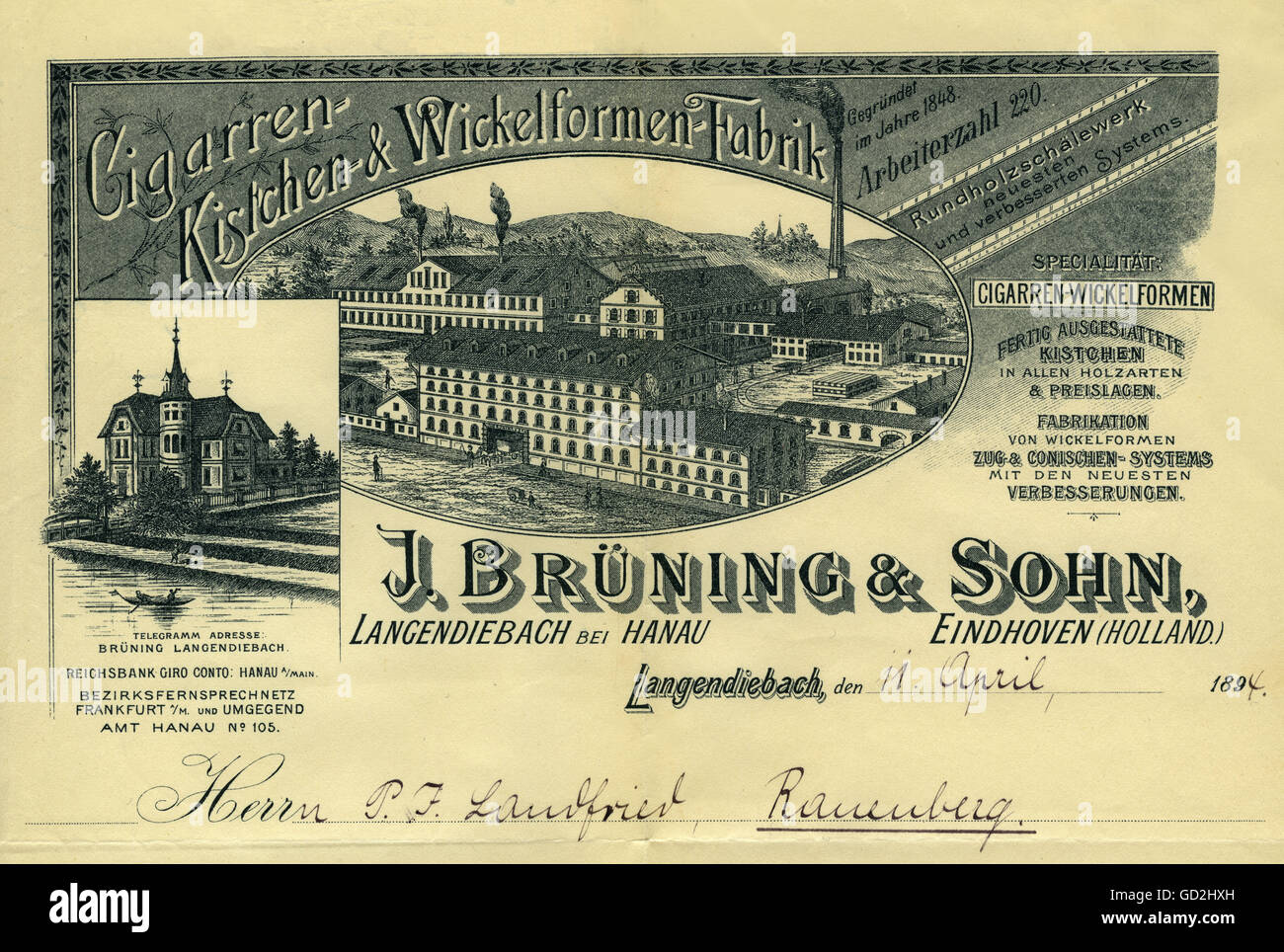 documents,Cigarren-Kistchen-Wickelformen Factory J. Bruening & Son,Langendiebach near Hanau,established 1848,number of workers: 220,letterhead,Germany,1894,skip,skips,detail,details,invoice head,steel engraving,steel engravings,company view,company site,plant view,companies,stock corporation,incorporated company,stock corporations,company image,producer cigar box veneers,cigar box,cigar industry,tobacco industry,wood processing,producer,manufacturer,producers,manufacturers,industry,industries,history of the company,company his,Additional-Rights-Clearences-Not Available Stock Photo