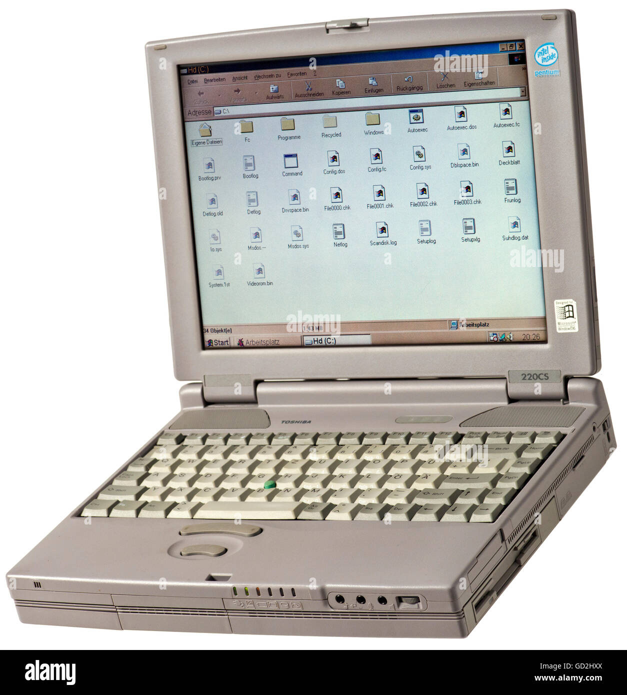 EDP,computer,Toshiba satellite 220CS notebook,133 megahertz Pentium  Processor,16 MB EDO RAM,extensible up to 144 megabyte,floppy disk  drive,hard disk drive,35 Great Britain,USB connection,computer,switched  on,original delivered with Windows 95,upgraded ...