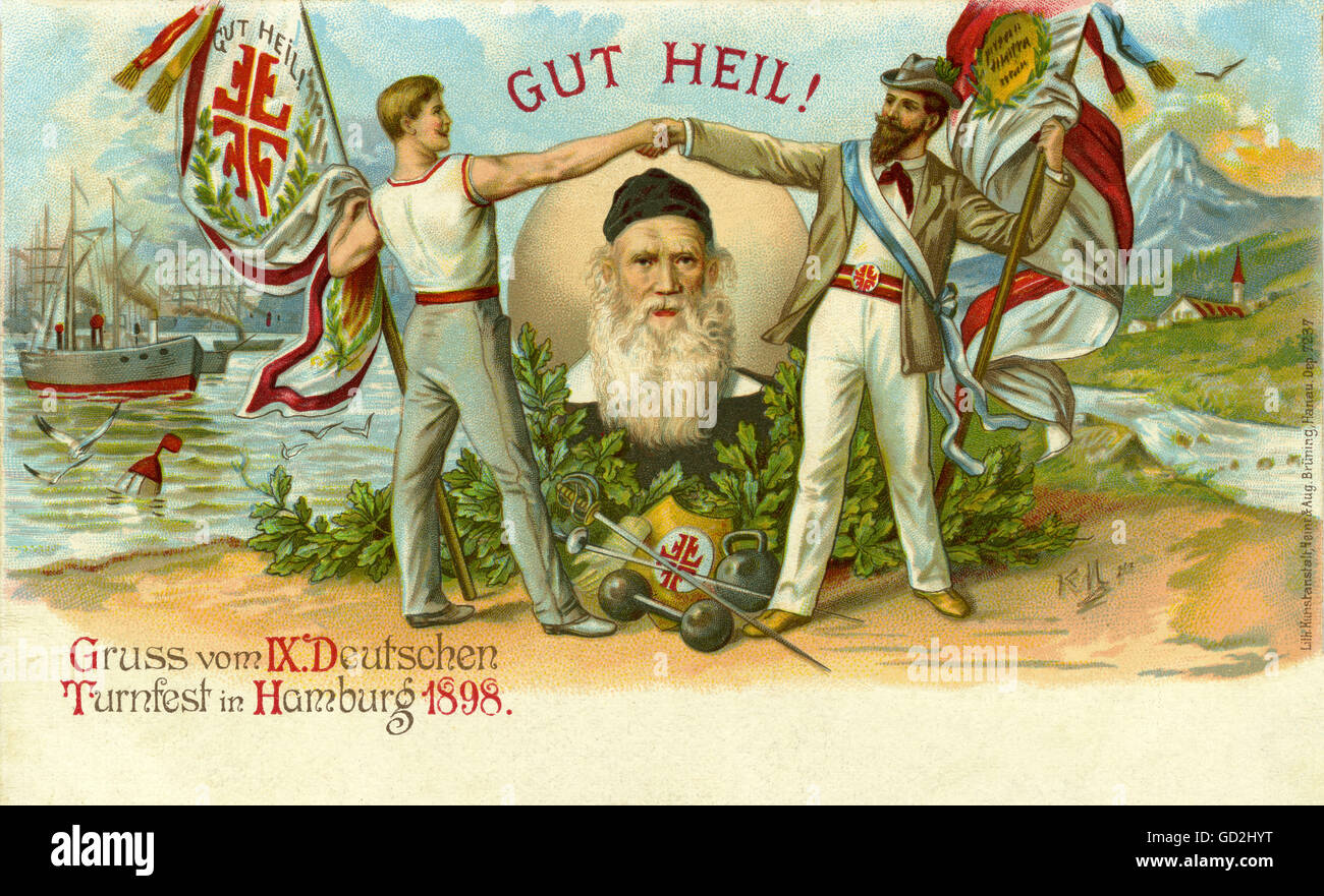 sports,greetings from the 9th German gymnastics tournament in Hamburg 1898,two gymnast shaking