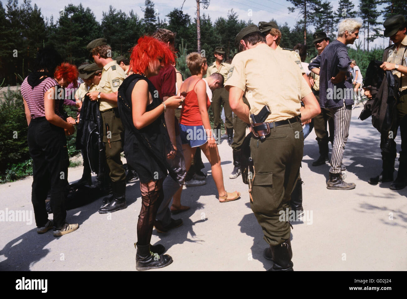 geography / travel, Germany, politics, demonstrations, Anti-WAAhnsinns-Festival (anti nuclear recycling plant festival), riot policemen checking festival visitors, Burglengenfeld, 26.-27.7.1986, Additional-Rights-Clearences-Not Available Stock Photo