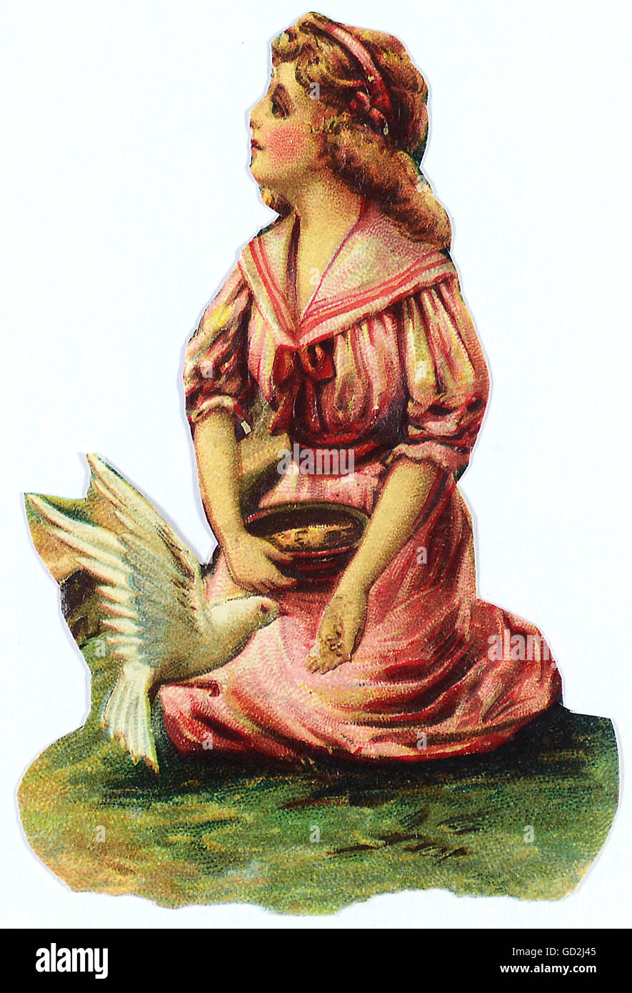 kitsch / souvenir, glossy prints, a girl feeds a dove, chromolithograph, late 19th century, autograph book picture, family album picture, animals, animal, fodder, animal food, people, child, children, kid, kids, kitsch, hokum, girl, girls, female, feeding, feed, dove, doves, chromolithograph, chromolithography, historic, historical, Additional-Rights-Clearences-Not Available Stock Photo
