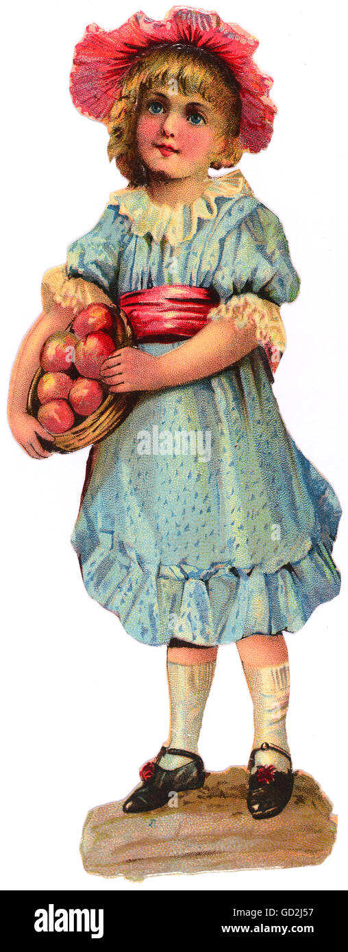 kitsch / souvenir, glossy prints, girl with apples, chromolithograph, late 19th century, autograph book picture, family album picture, dress, dresses, full length, plant, plants, fruit, people, child, children, kid, kids, kitsch, hokum, girl, girls, female, apple, apples, chromolithograph, chromolithography, historic, historical, Additional-Rights-Clearences-Not Available Stock Photo