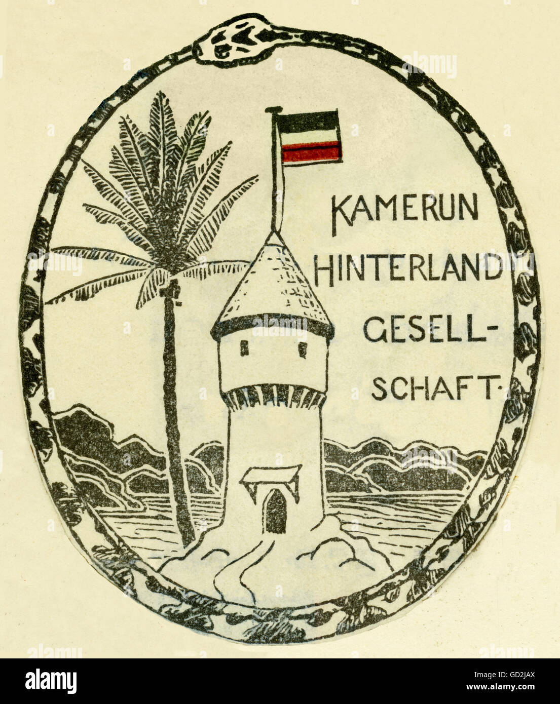 trade, Cameroon back country company, emblem, German trading company in the German colony Cameroon, which only exists circa from 1897 until 1903, Germany, 1898, flag, flags, black-white-red, German dependency, dependency, dependencies, trade with the colonies, economy, German colony, colonialism, imperialism, politics, policy, Africa, 19th century, emblem, emblems, trading company, trading companies, colony, colonies, historic, historical, Additional-Rights-Clearences-Not Available Stock Photo