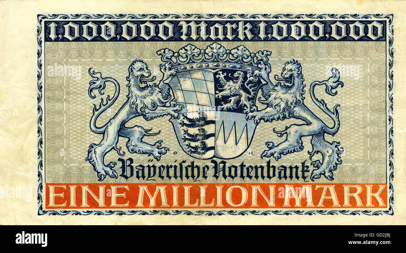 money / finances,banknote,Germany,Bavaria,banknote about 1.000.000 mark,Bavarian issuing bank,15.8.1923,one million,mark,Munich,hyperinflation,inflation money,banknotes,coat of arms,Bavarian,economic crisis,economic crunch,economic crises,economic crunches,economic history,financial crisis,fiscal crisis,financial crises,fiscal crises,credit crunch,credit crisis,twenties,1923,20s,price increase,inflation,inflations,high prices,rising prises,rise in prices,increase in prices,puffing of the money supply,paper money,banknote,b,Additional-Rights-Clearences-Not Available Stock Photo