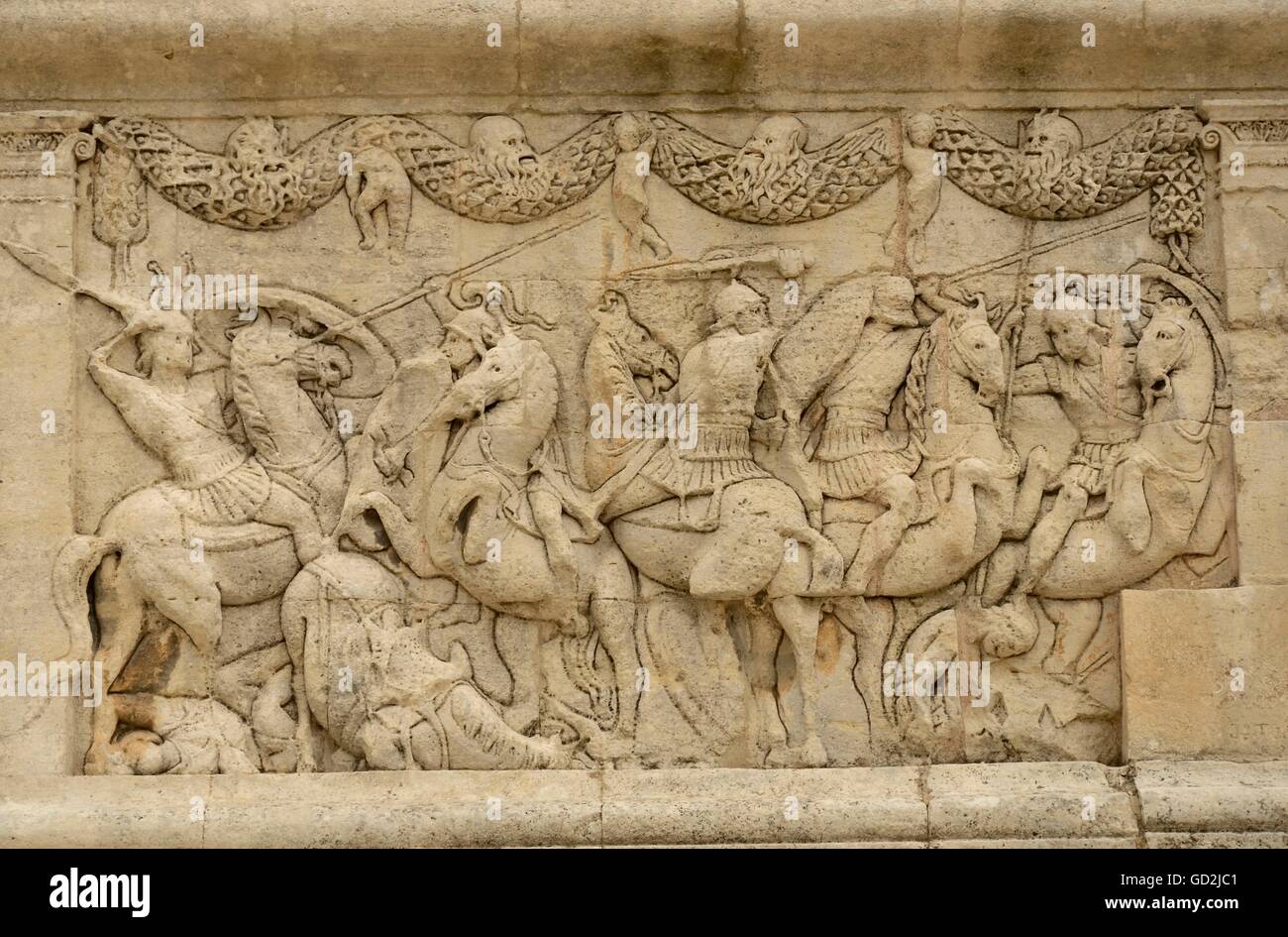 fine arts, Roman Empire, relief of a cavalry battle (probably mythological) at the Roman mausoleum (18 m high), built by the sons to commemorate their parents, circa 30 BC, Lumiere, France, Artist's Copyright has not to be cleared Stock Photo