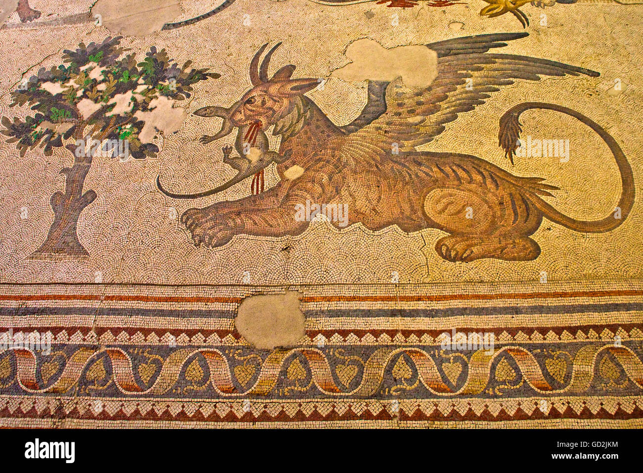 fine arts, Byzantine Empire, floor mosaics, decoration for the palace with the emperor lodge in the hippodrome, remains of the Bueyuek Saray, mosaic museum, Istanbul, Artist's Copyright has not to be cleared Stock Photo