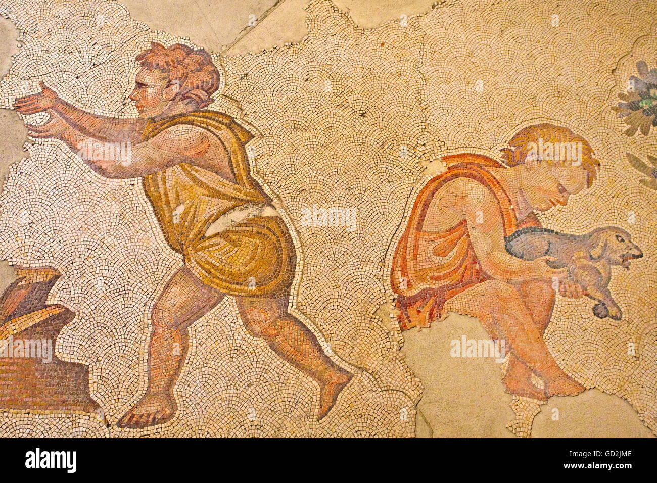 fine arts, Byzantine Empire, floor mosaics, decoration for the palace with the emperor lodge in the hippodrome, remains of the Bueyuek Saray, mosaic museum, Istanbul, Artist's Copyright has not to be cleared Stock Photo