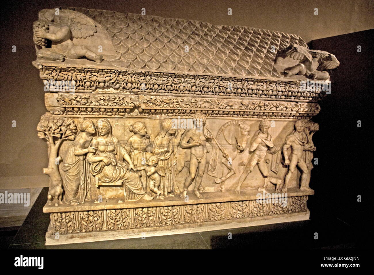 fine arts, ancient world, Phaedra and Hippolyta on a Roman sarcophagus, collection of antiques, archaeological museum, Istanbul, Artist's Copyright has not to be cleared Stock Photo