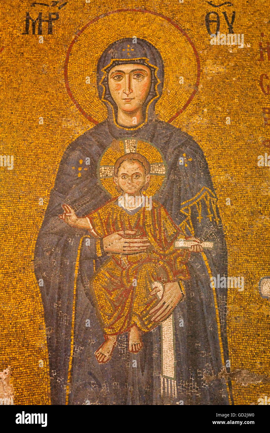 fine arts, religious art, mosaic, Saint Mary with the infant Jesus, Hagia Sophia, Istanbul, Artist's Copyright has not to be cleared Stock Photo