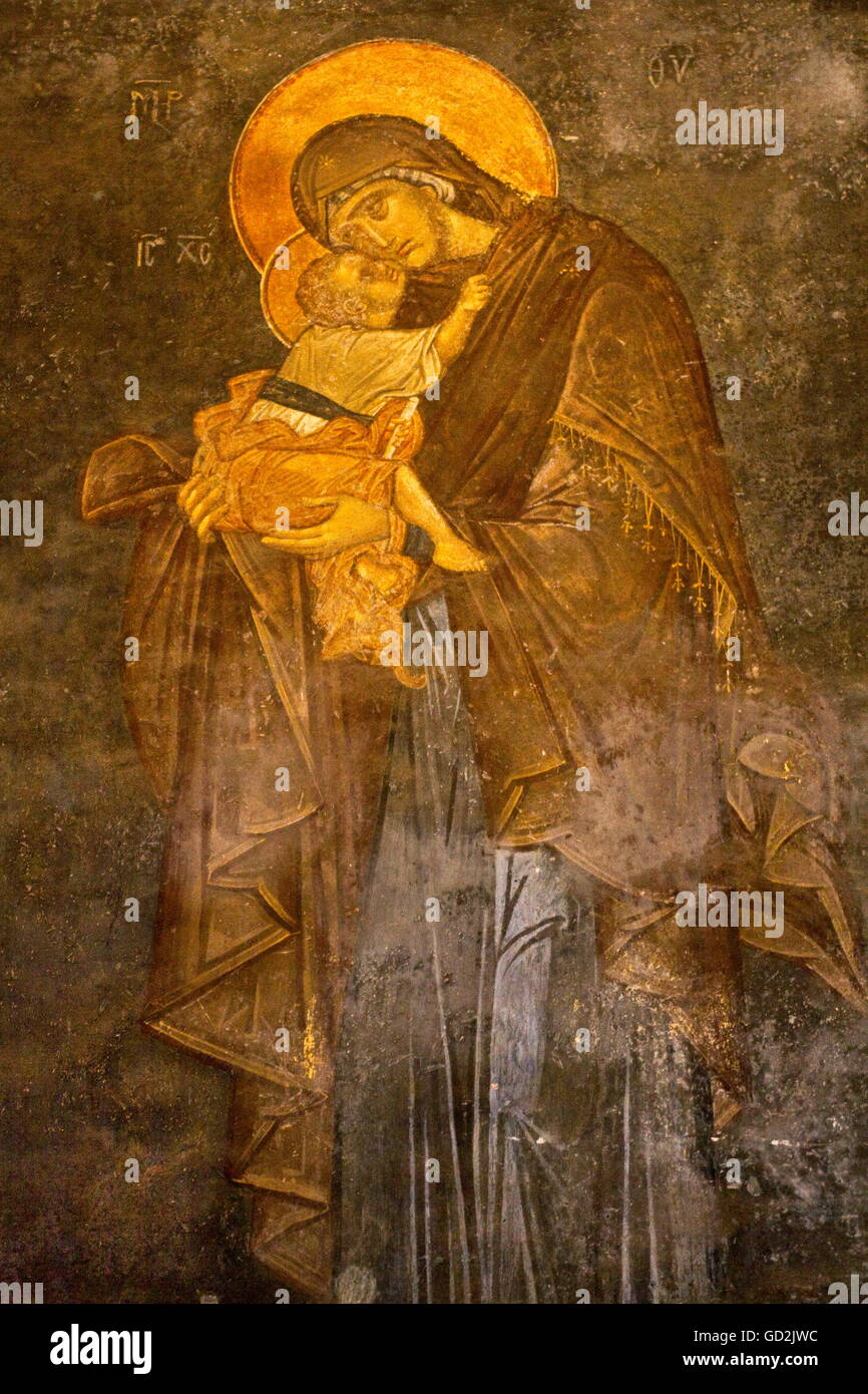 fine arts, religious art, fresco 'Virgin Mary with the infant Jesus' in Chora Church, Kariye Muezesi, Istanbul, Artist's Copyright has not to be cleared Stock Photo