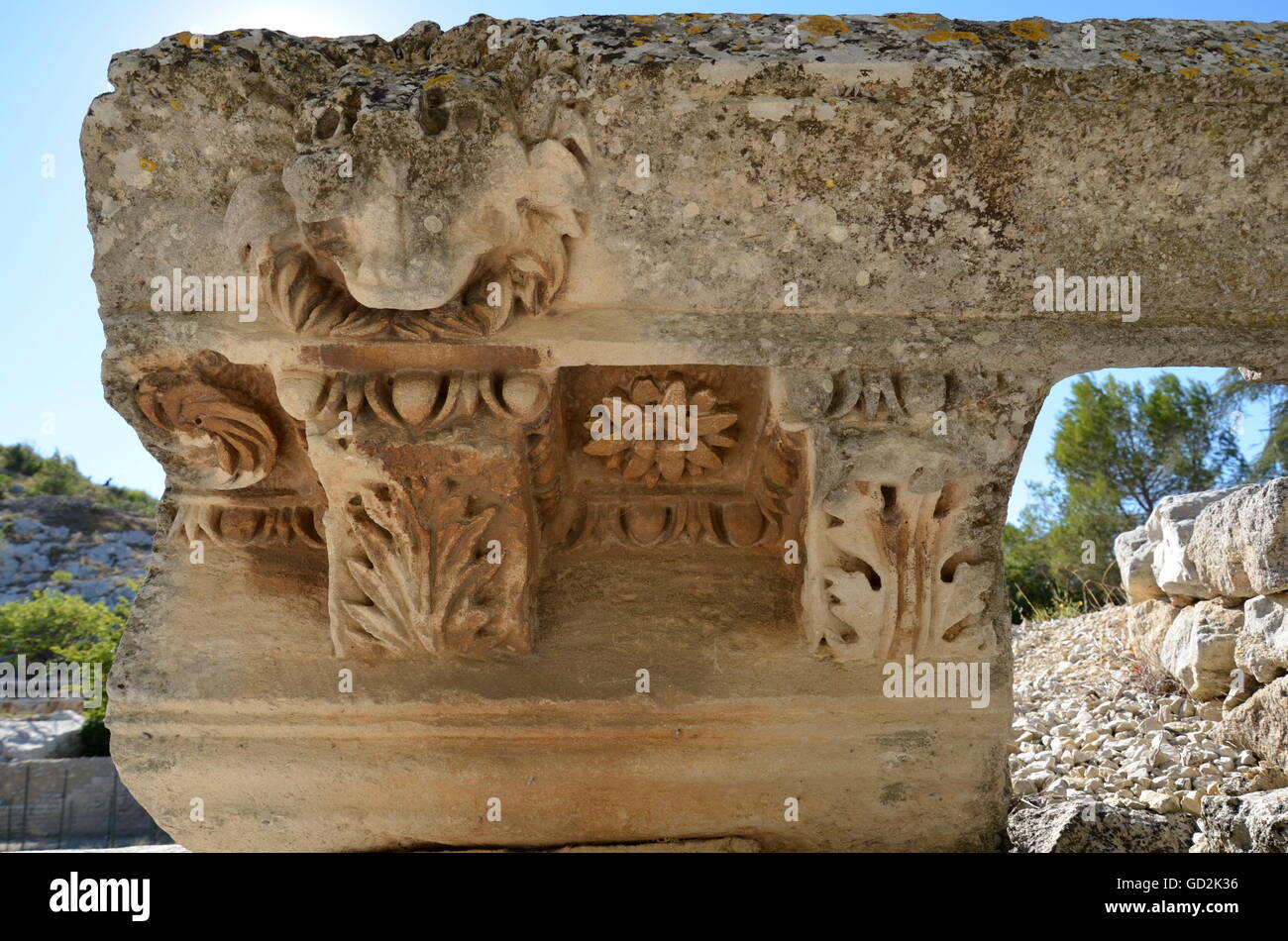 fine arts, ancient world, relic of a Roman masonry with capital, Glanum, France, Artist's Copyright has not to be cleared Stock Photo