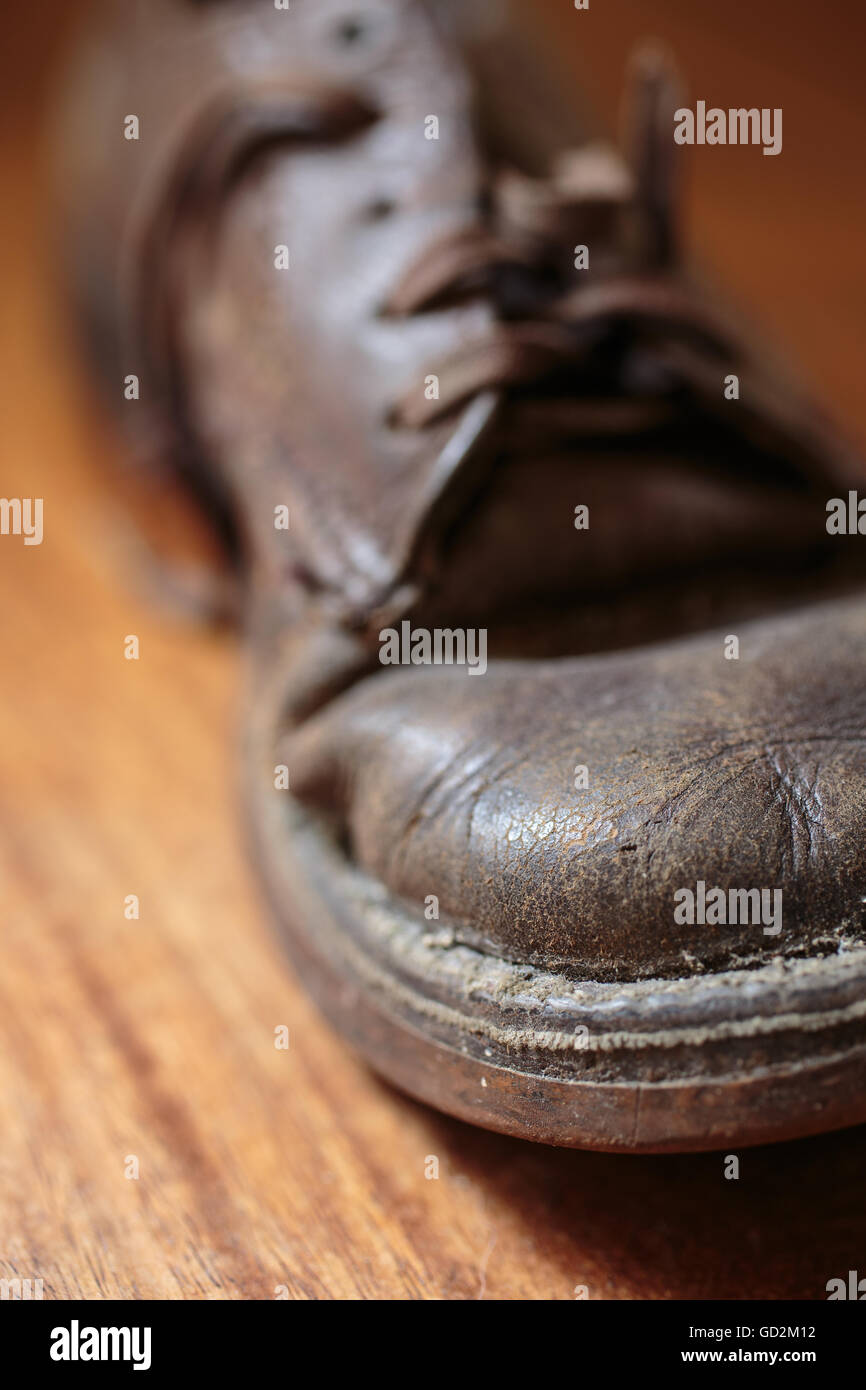 Closeup of an old vintage leather shoe. Stock Photo
