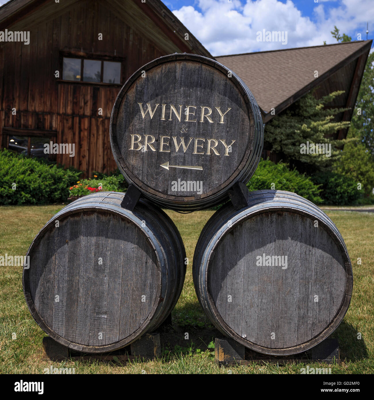 Wine barrels at a vineyard winery in the Finger Lakes region of Upstate