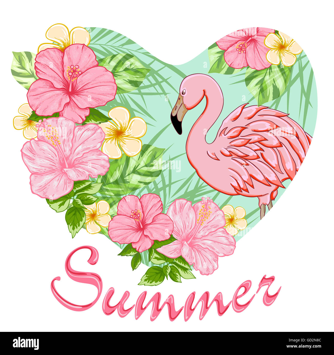 Pink tropical flowers and flamingo. Summer background with floral heart ...