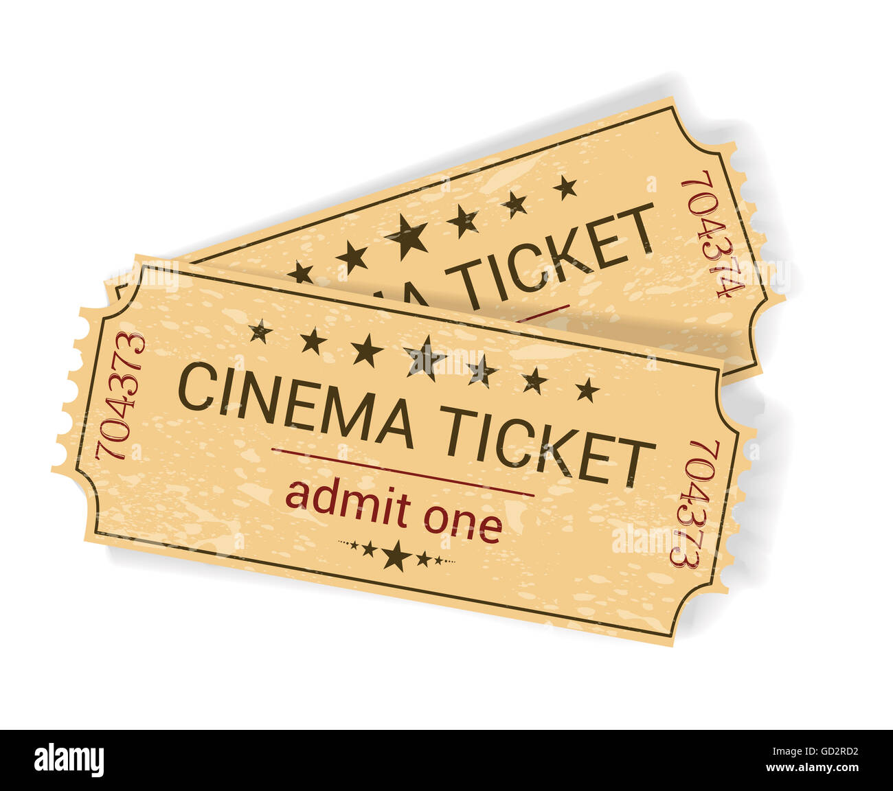 pair of vintage yellowish old cinema tickets on white Stock Photo