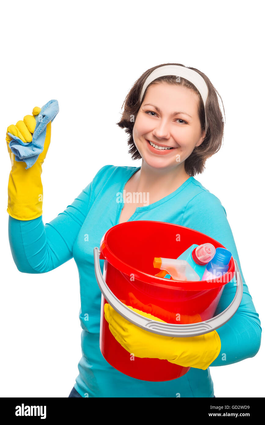 portrait of happy housewife with a bucket and cleaning materials Stock Photo