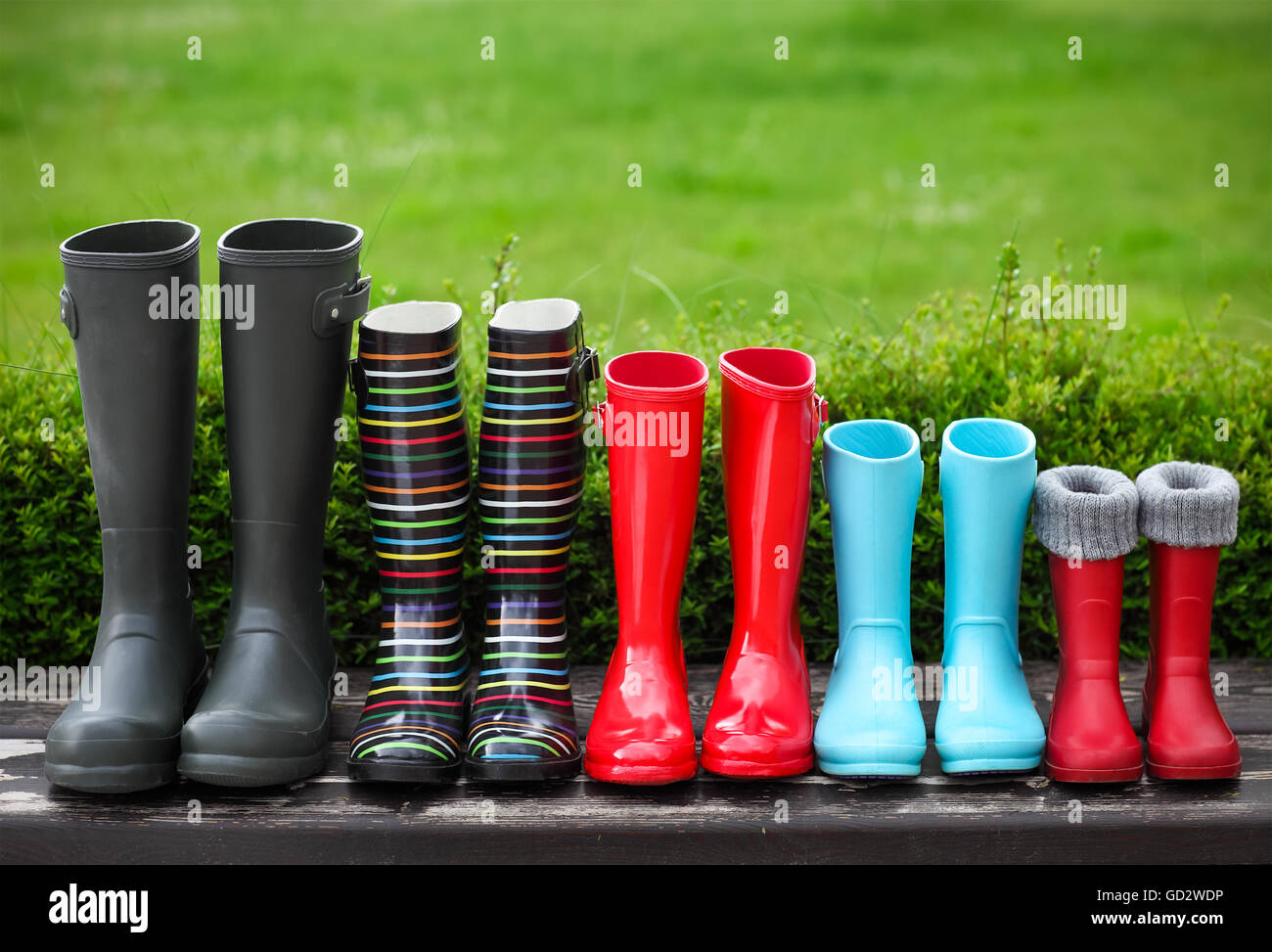Five pairs of a colorful rain boots. Family concept Stock Photo