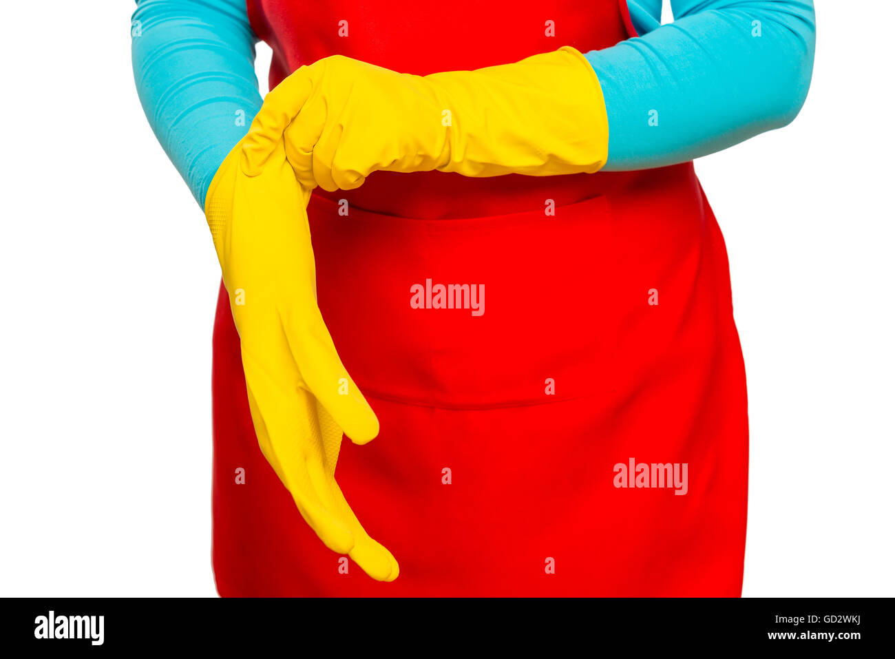 housewife putting on rubber gloves, close-up shot Stock Photo