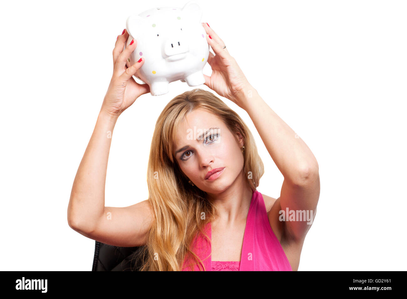 Woman With Piggy Bank Isolated On White Background Stock Photo - Alamy