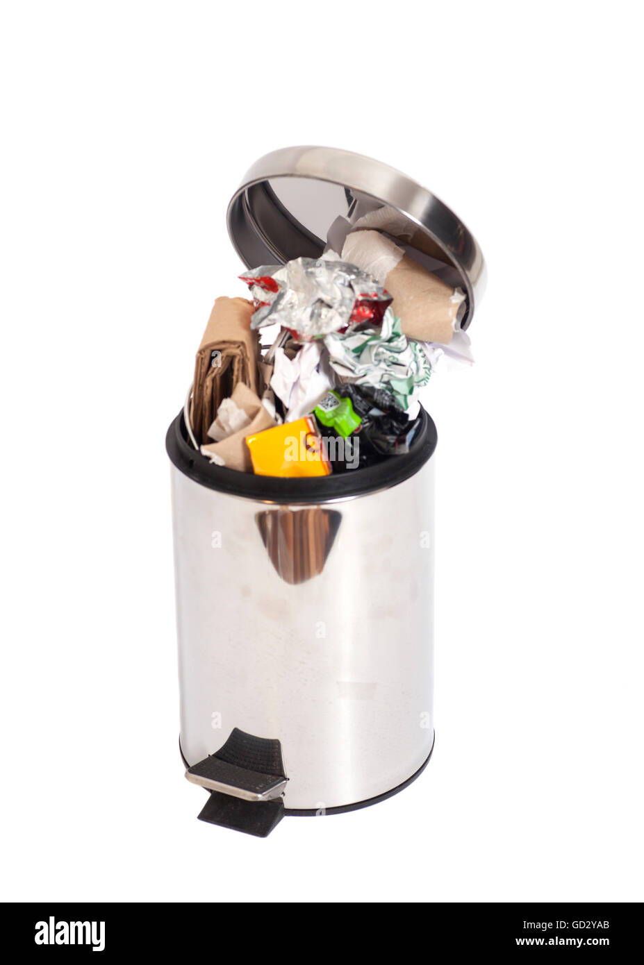 Garbage bin full of rubbish isolated on white Stock Photo