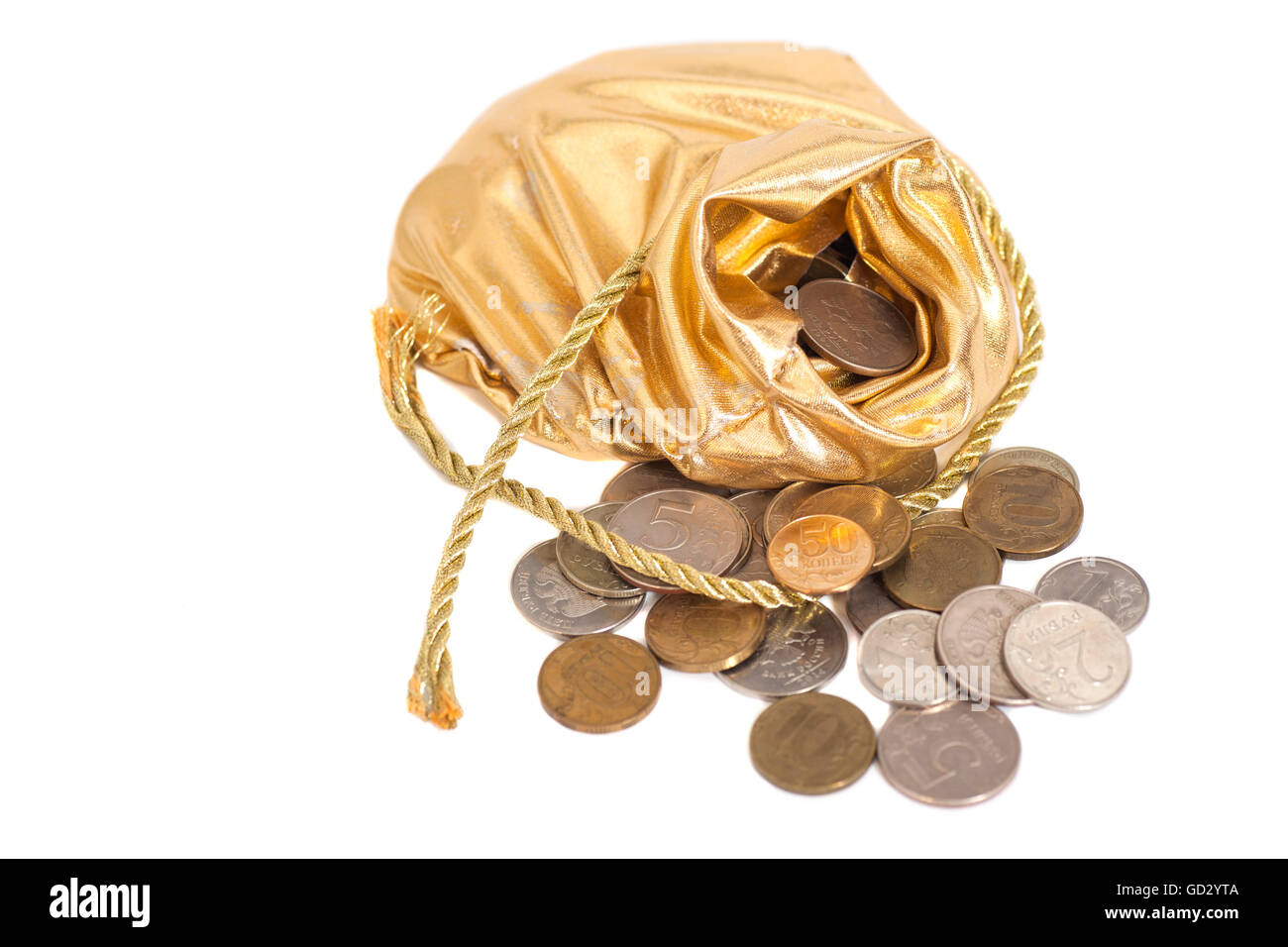 Bag with golden rope of coins isolated on a white background Stock ...