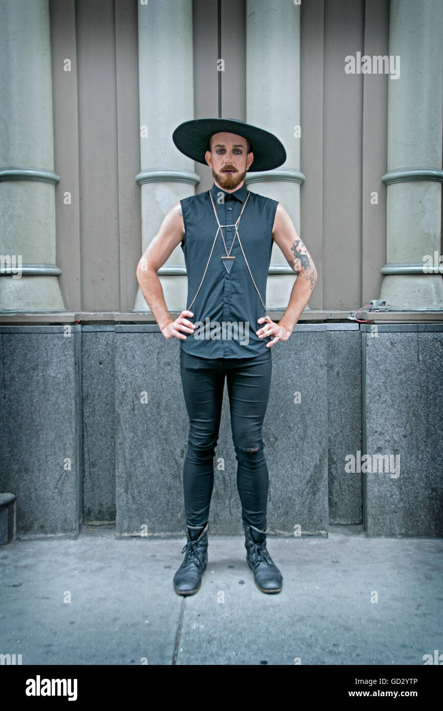 Portrait of a man dressed in all black with a large brimmed hat. At Witchsfest in Greenwich Village, New York City Stock Photo