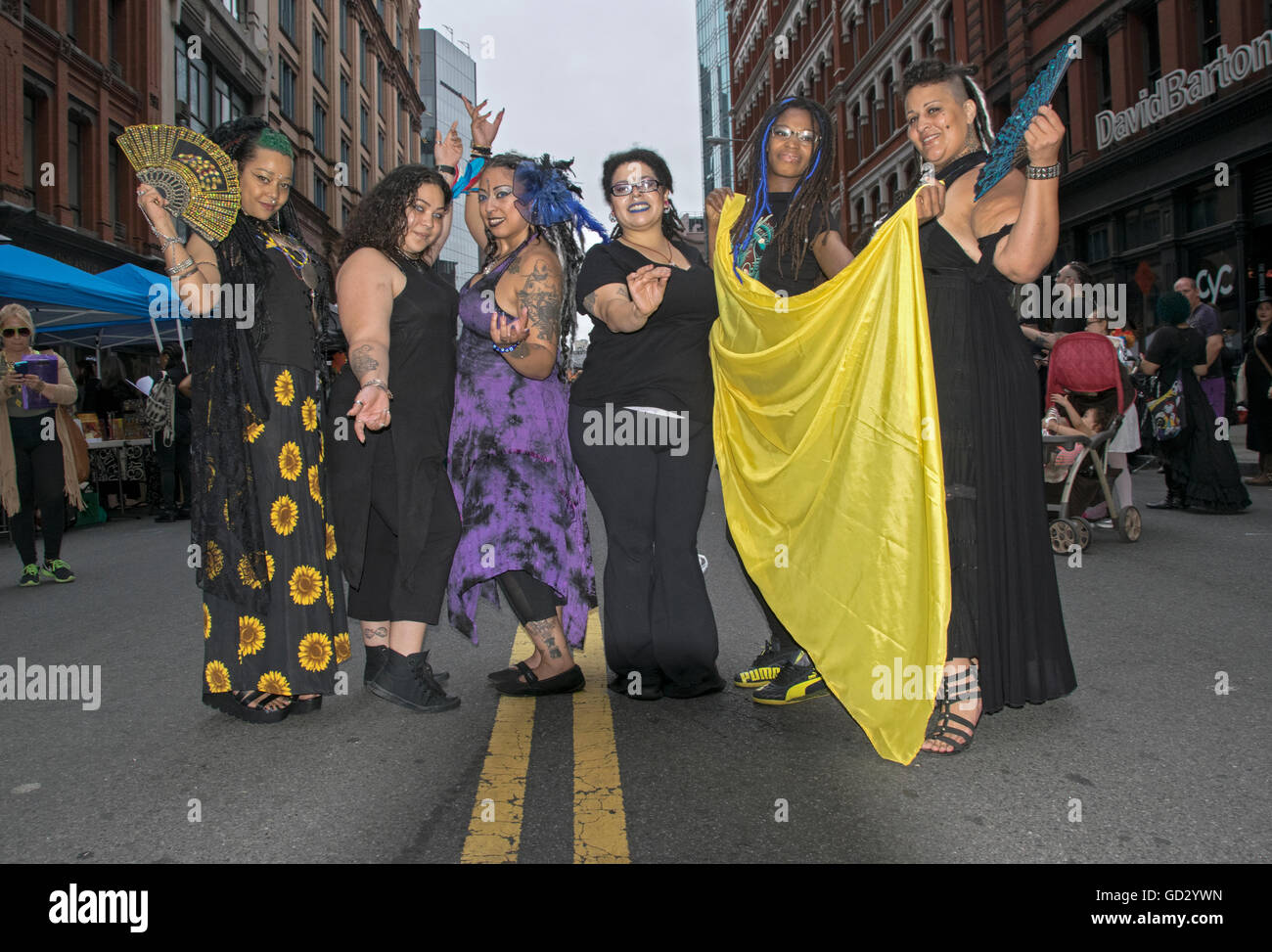 A group of women pose for a photo at Witchsfest 2016 on Astor Place in Greenwich Village, Manhattan, New York City. Stock Photo