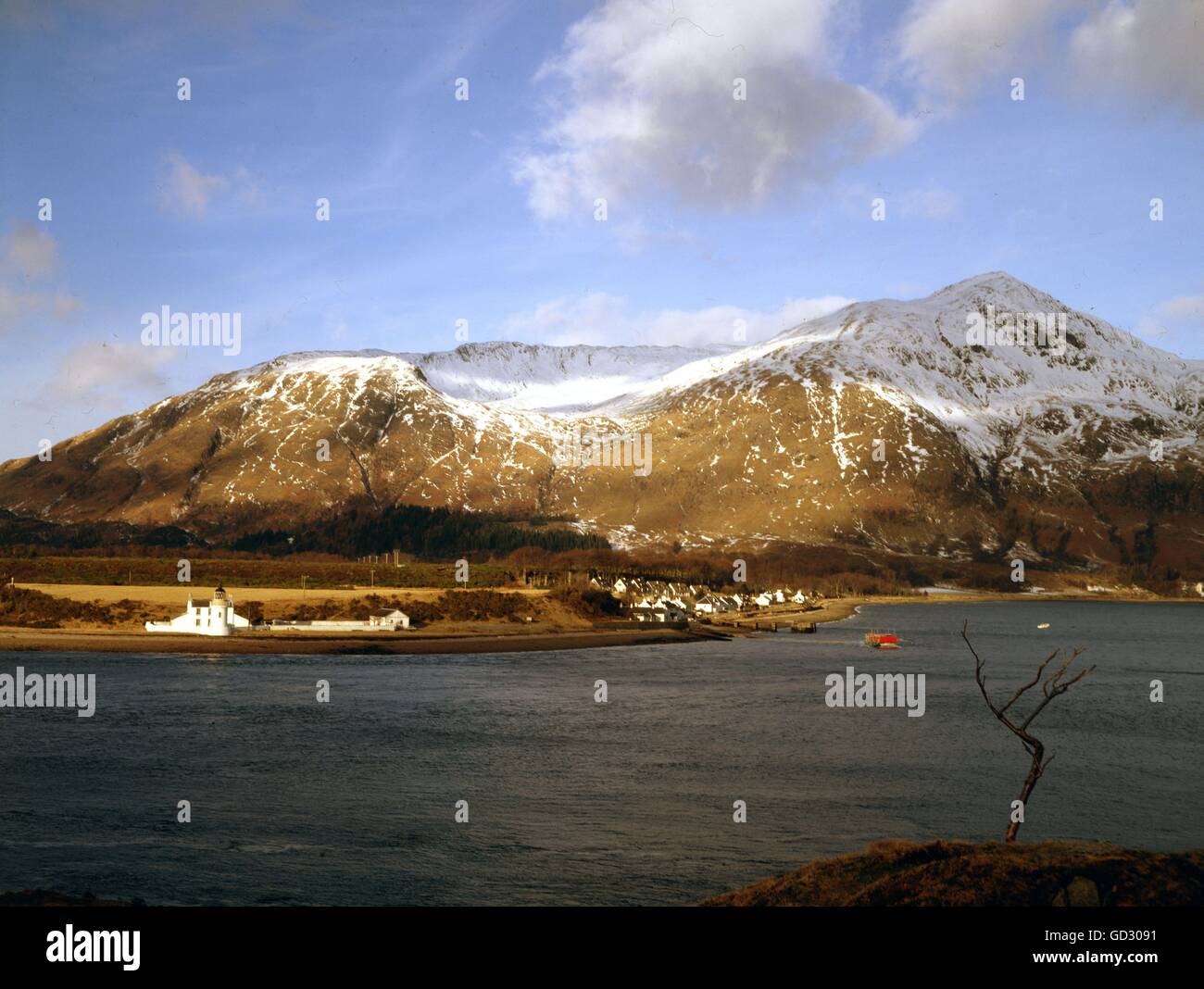 Scotland. Ardgour. Corran Lighthouse  is situated on the shoreline of Loch Linnhe.    Scanned from a 5'x4' wholly owned original Stock Photo