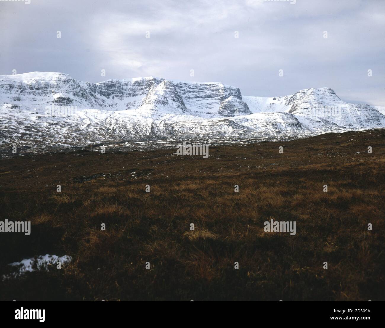 Scotland. Ross. The icy cliffs of Beinn Bhan seen from The Pass of Cattle. There was no way over the pass to Applecross. Circa 1 Stock Photo