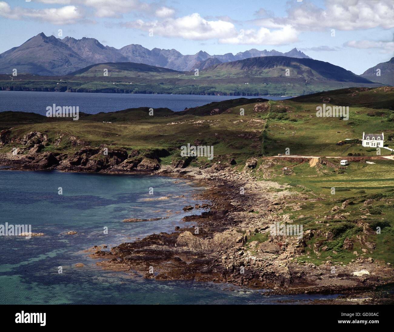Scotland, Skye. Cullin Hills from Tarskavaig, a hamlet on Sleat. Circa 1985.    Scanned from a 5'x4' wholly owned original trans Stock Photo
