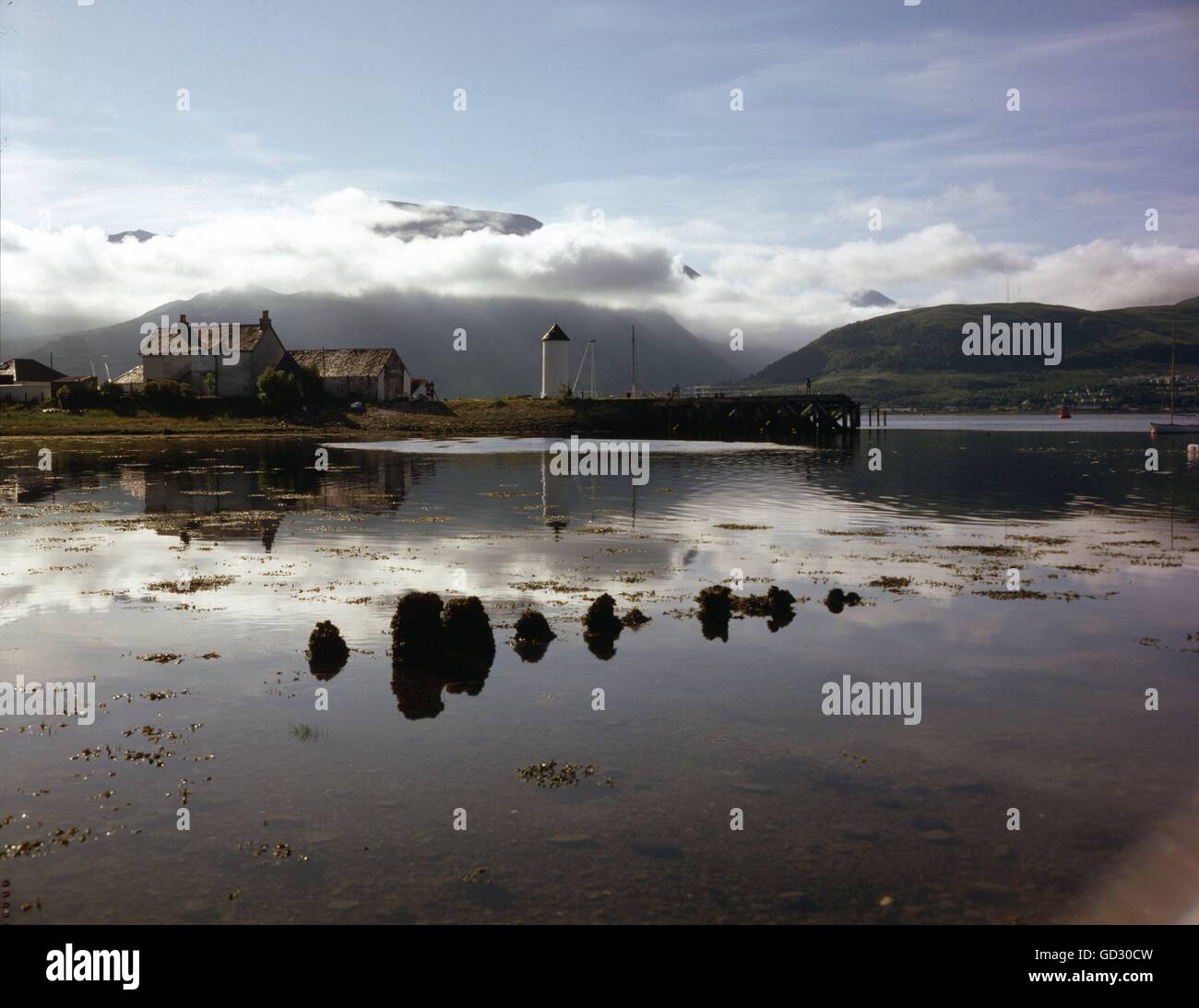 Scotland, Invernessire. Loch Linnie at Corpach, with clouds lifting from Ben Nevis. Circa 1990    Scanned from a 5'x4' wholly ow Stock Photo